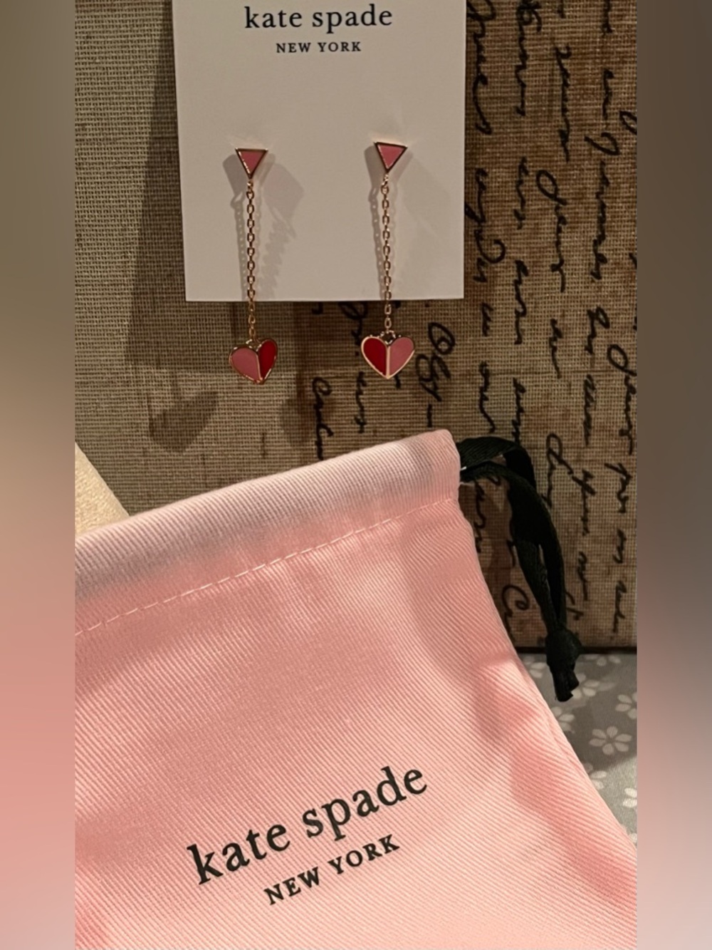 Kate Spade Gold Chain Earrings with Pink & Red Heart Drops Heritage Spade NWT
